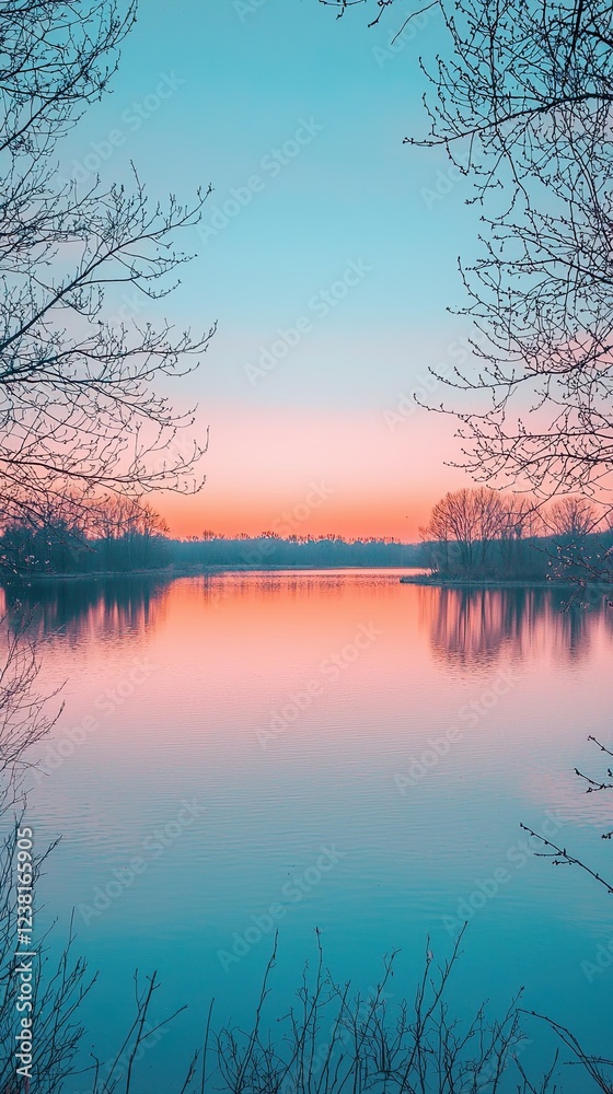Serene Twilight Reflections Over Calm Water Surrounded by Leafless Trees at Dusk Serene Twilight Reflections Over Calm Water Surrounded by Leafless Trees at Dusk