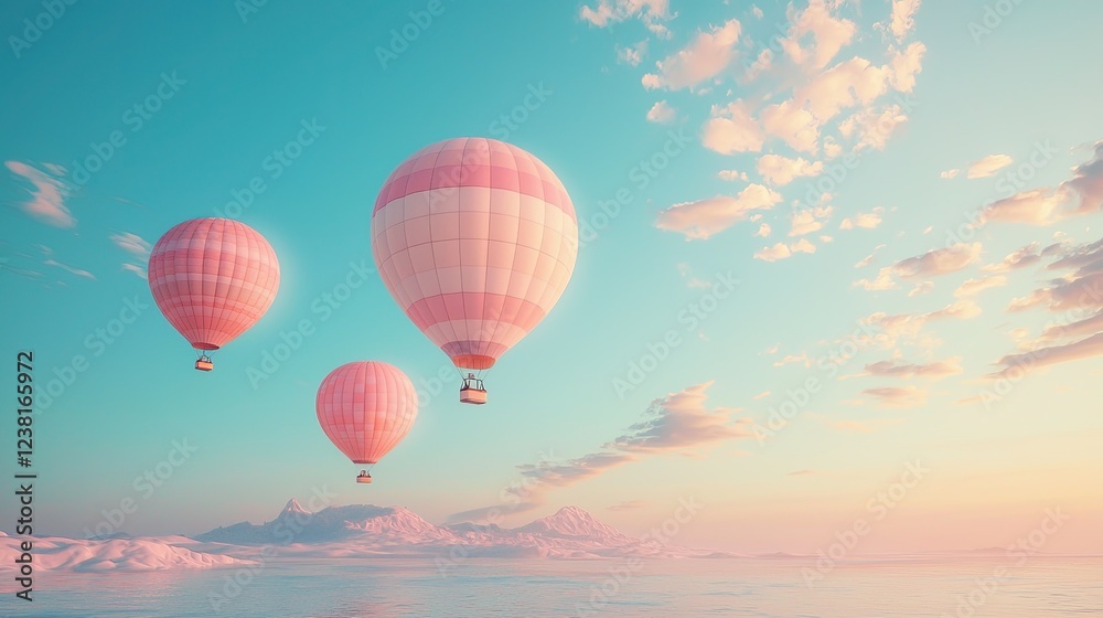 Fototapeta premium Colorful Hot Air Balloons Floating Over Serene Landscape During Vibrant Sunrise Sky