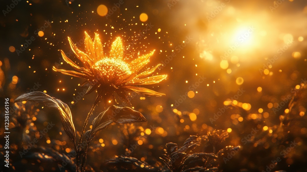 Obraz premium Sparkling flower in golden sunset nature photography bokeh background dreamy environment