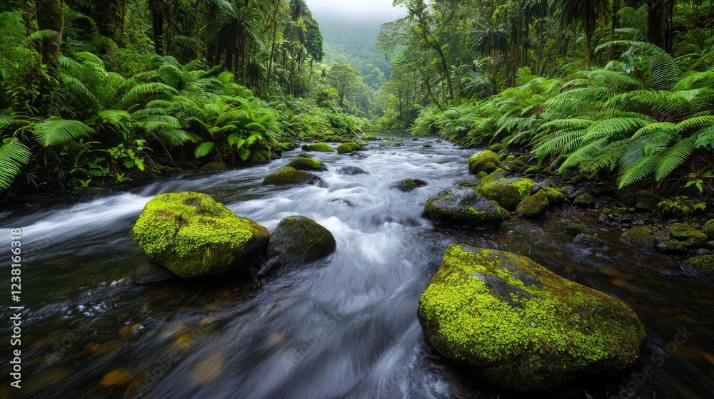 Rainforest scenes nature concept. A serene river flows through lush greenery and moss-covered rocks in a tranquil forest. Rainforest scenes nature concept. A serene river flows through lush greenery and moss-covered rocks in a tranquil forest.
