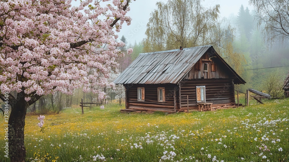 Rustic Spring Cabin in a Serene Village Setting. AI generated image Rustic Spring Cabin in a Serene Village Setting. AI generated image