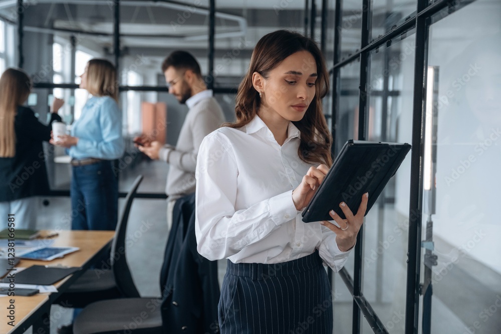 Digital tablet in hands of woman. Business people are working in the office Digital tablet in hands of woman. Business people are working in the office