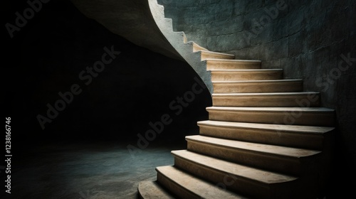 Horror scene concept. A spiraling staircase ascends into a dimly lit space, highlighting its smooth texture and contrasting shadows, evoking a sense of mystery and depth.