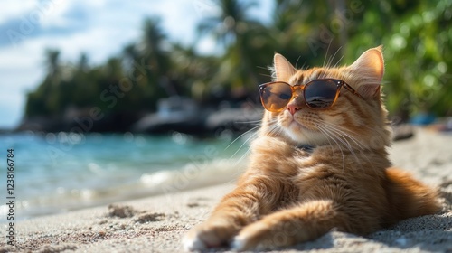 A cat in sunglasses is relaxing on a tropical beach by the sea. The cat is basking in the sun.