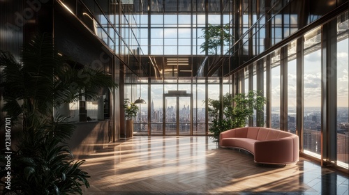 Luxurious high-rise lobby with city view, curved sofa, and plants.