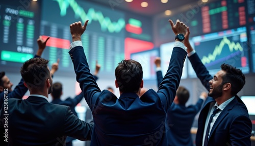 Group of brokers celebrate lucrative stock auction in busy trading room. Businessmen, businesswomen raise arms in joy, excitement. Stock exchange screens display charts of financial success. Pro