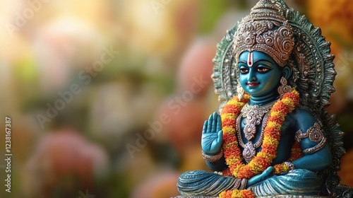 Hindu God Lord Krishna statue surrounded by traditional garlands. Hindu Puja. Vishu festival celebration. Ugadi, Gudi Padwa, Diwali or Krishna Janmashtami.	
