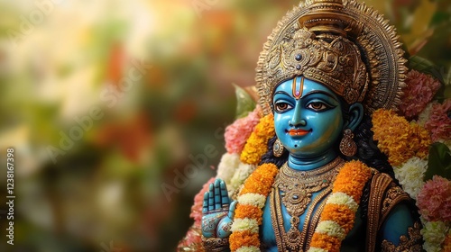 Hindu God Lord Krishna statue surrounded by traditional garlands. Hindu Puja. Vishu festival celebration. Ugadi, Gudi Padwa, Diwali or Krishna Janmashtami.	
 photo