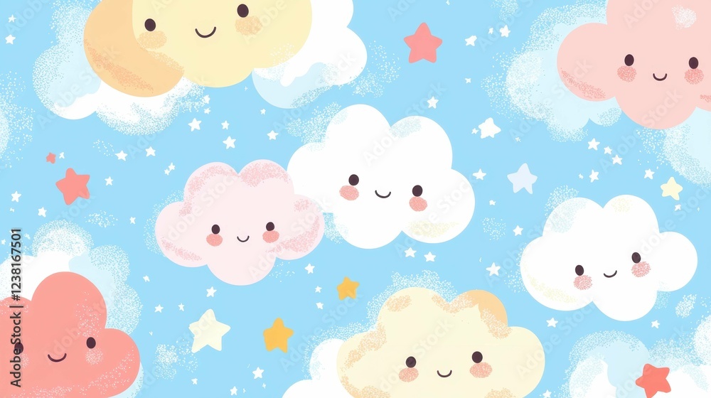 Cute Cartoon Clouds with Smiling Faces and Stars in Blue Sky Cute Cartoon Clouds with Smiling Faces and Stars in Blue Sky