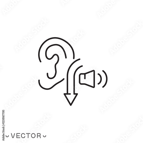 low noise icon, reduction quiet, speaker and ear, less hear, reduce volume thin line symbol concept isolated on white background, editable stroke eps 10 vector illustration