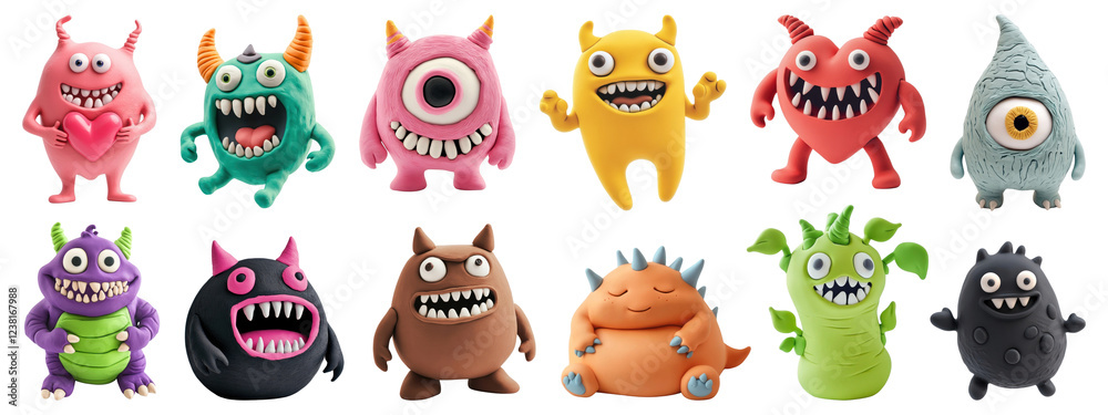 Obraz premium PNG Colorful playful cartoon monster figures, isolated element set, transparent background