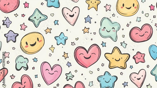 Wallpaper Mural Colorful Cartoon Hearts and Stars with Smiling Faces on Light Background Torontodigital.ca