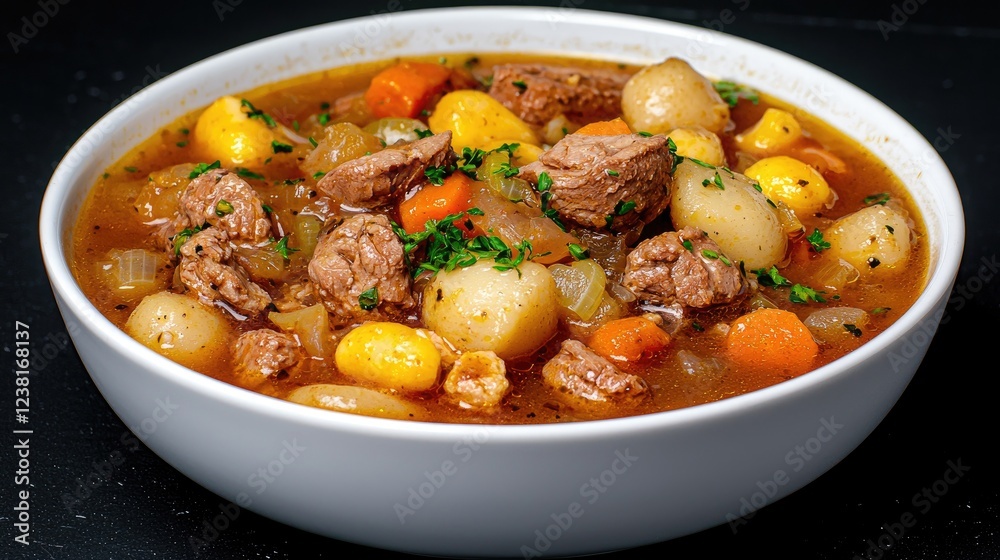 Hearty beef stew with potatoes in white bowl Hearty beef stew with potatoes in white bowl