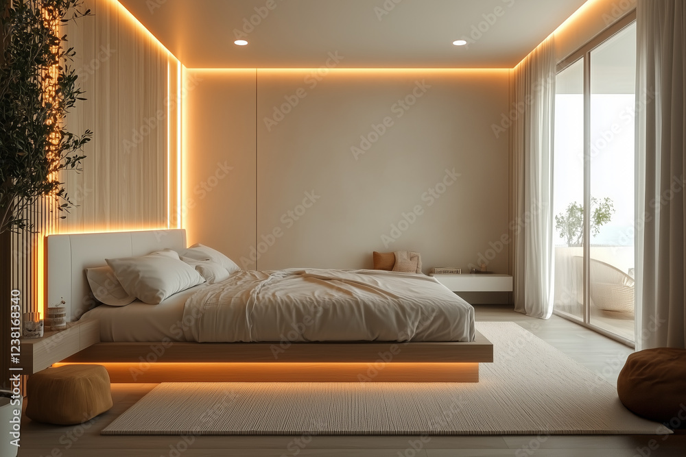 Fototapeta premium Minimalist Bedroom with Ambient LED Lighting
