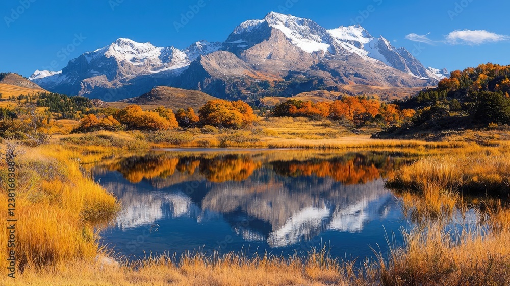 Obraz premium Autumnal lake reflecting snow-capped mountains (11)