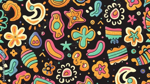 Wallpaper Mural Vibrant Abstract Doodle Pattern: A Colorful Fiesta of Shapes and Forms Torontodigital.ca