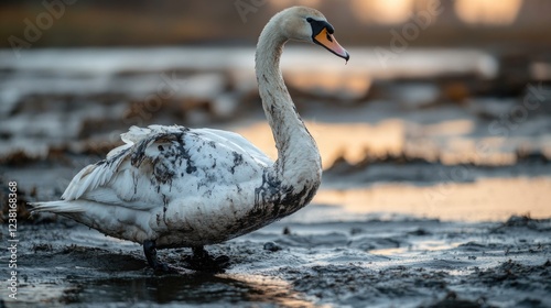 White swan covered in black fuel oil, petroleum. Environmental pollution problem. Bird affected by water pollution.