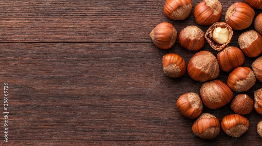 A beautiful arrangement of hazelnuts on a rustic wooden surface, showcasing whole hazelnuts along with some cracked ones revealing creamy inner nuts. A beautiful arrangement of hazelnuts on a rustic wooden surface, showcasing whole hazelnuts along with some cracked ones revealing creamy inner nuts.