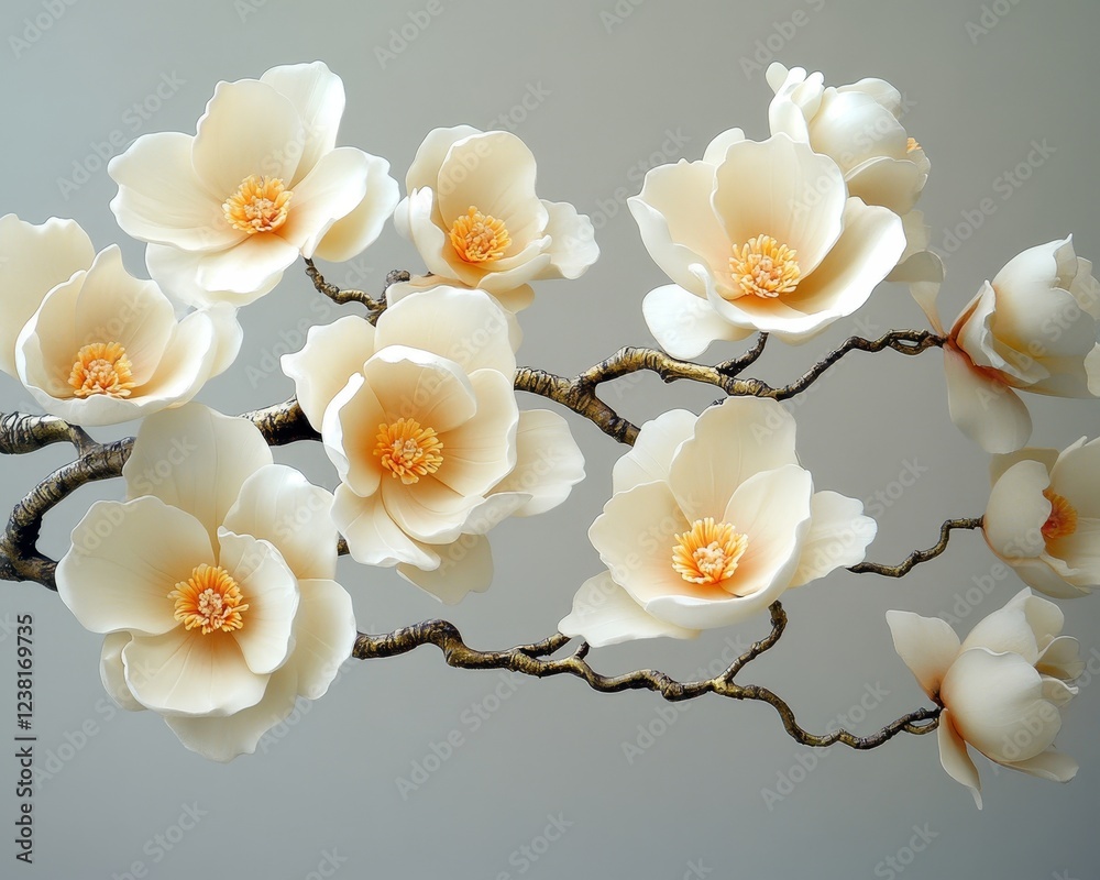 Delicate Arrangement of Sculpted White Blossoms with Subtle Yellow Centers, Intricate Details Delicate Arrangement of Sculpted White Blossoms with Subtle Yellow Centers, Intricate Details
