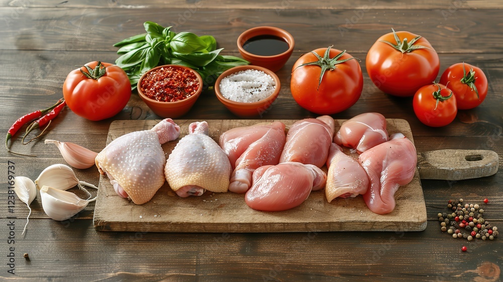 Assorted Chicken Recipe Display with Fresh Vegetables, Aromatic Spices, and Various Sauces on Rustic Wooden Surface, Ready for Cooking