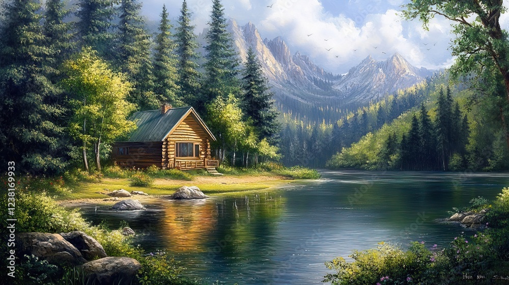 Fototapeta premium Log Cabin Nestled by a Peaceful Forest Lake. AI generated image