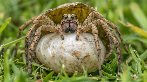 Wolf Spider Guarding its Egg Sac in Grass photo