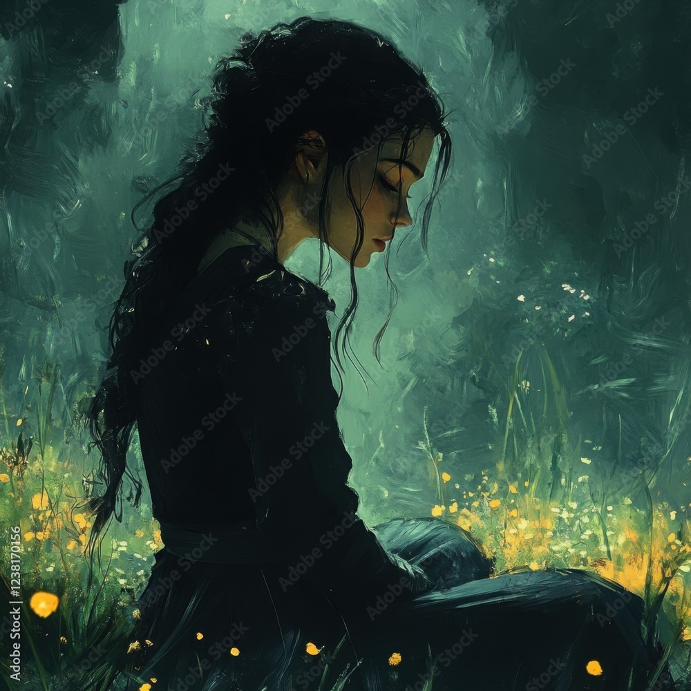 Contemplative Woman in a Dreamy Forest Surrounded by Soft Light Contemplative Woman in a Dreamy Forest Surrounded by Soft Light