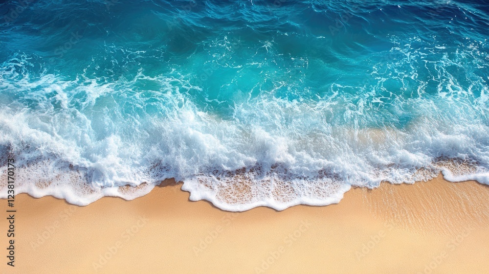 Aerial view of sea waves crashing on sandy shore. Clear blue water, foamy waves and sandy beach. Aerial view of sea waves crashing on sandy shore. Clear blue water, foamy waves and sandy beach.