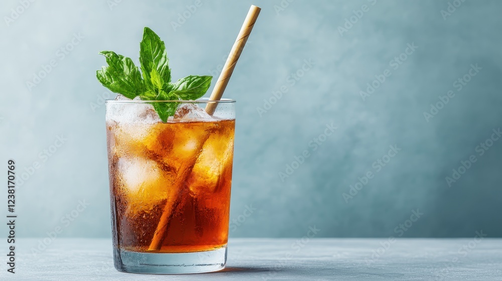 A refreshing glass of iced tea featuring mint leaves garnishing the drink, perfect for hot summer days and a delicious thirst quencher for any occasion. A refreshing glass of iced tea featuring mint leaves garnishing the drink, perfect for hot summer days and a delicious thirst quencher for any occasion.