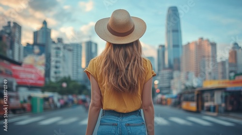 A girl in a hat and with a backpack on her back walks along a city street. A girl tourist stands with her back to the frame, she looks at the sights of the city.