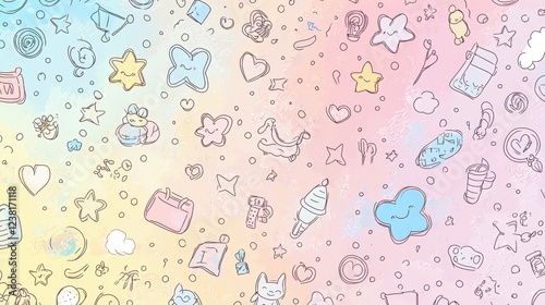 Colorful Pastel Hand-Drawn Doodles with Stars, Hearts and Candy