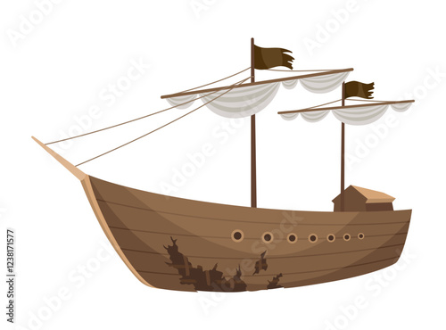 Broken ship icon. Cartoon wooden battered ship with tattered board after wreck or attack. Destroyed, wreck ship isolated on white background