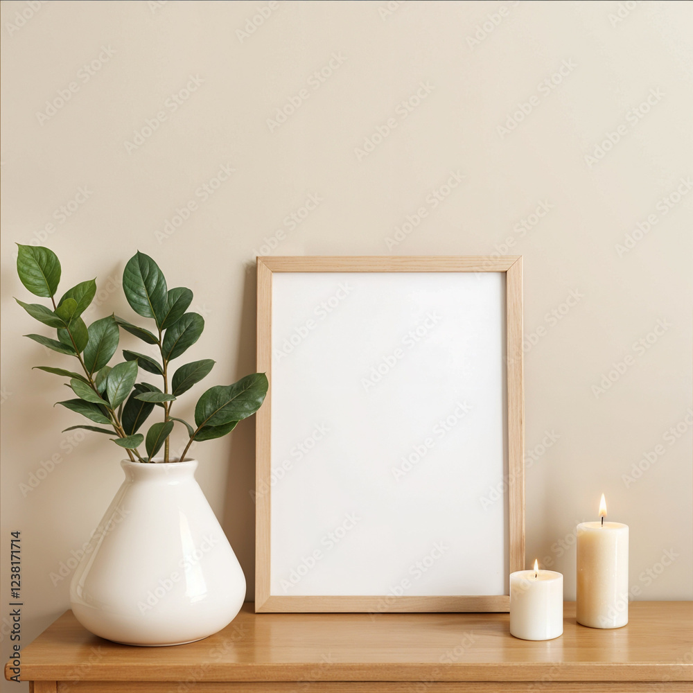frame mockup with white candle and vase, on the wooden table, beige wall background frame mockup with white candle and vase, on the wooden table, beige wall background