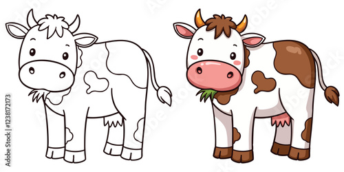 Cute Kawaii Ox or Cow line art with fill-colored sample Printable. Isolated on White Background Outline Vector Illustration. Bold and Easy Farm and Domestic Animal Coloring Page for Adults and Kids
