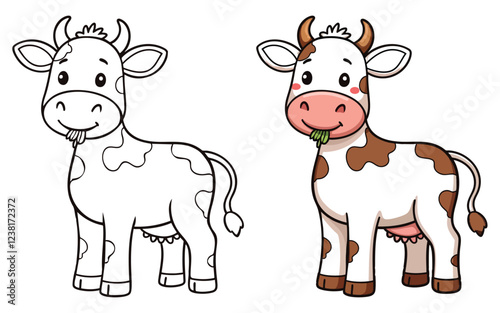 Cute Kawaii Ox or Cow line art with fill-colored sample Printable. Isolated on White Background Outline Vector Illustration. Bold and Easy Farm and Domestic Animal Coloring Page for Adults and Kids