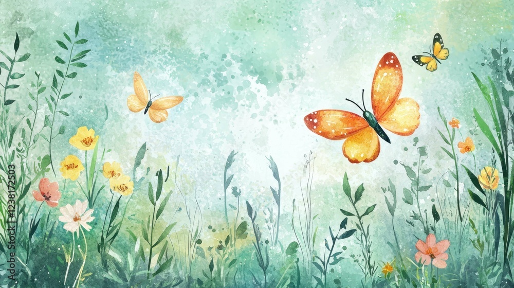 Colorful Butterflies in a Serene Garden Setting with Flowers Colorful Butterflies in a Serene Garden Setting with Flowers