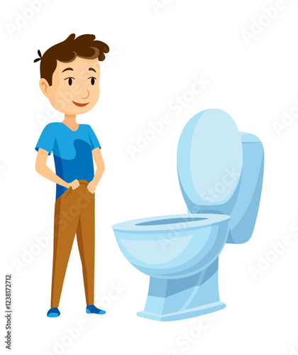 Kid use bathroom icon set. Baby boy using toilet. Cartoon funny preschool kid training to use toilet, isolated on white. Vector illustration infographic how to use the toilet