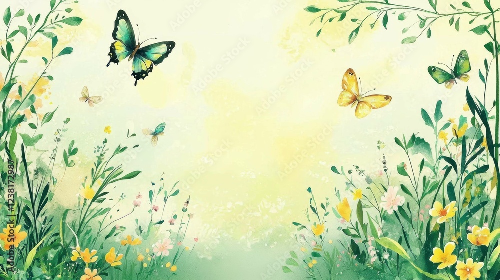 Fototapeta premium Colorful Butterflies in a Serene Floral Landscape Background