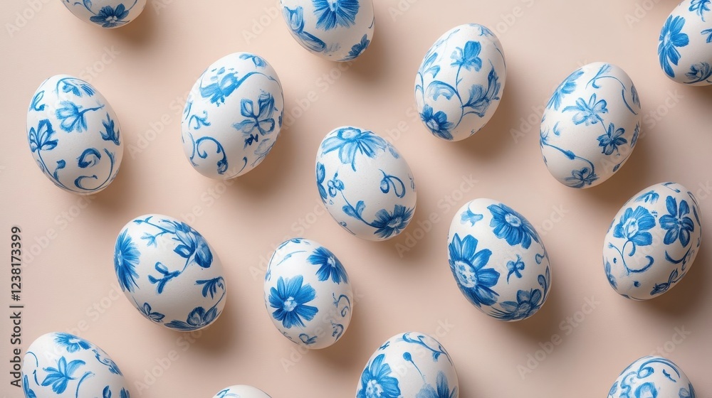White and blue Easter eggs on a beige background, top view, Happy Easter