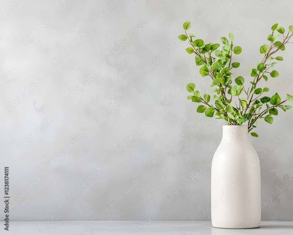 Fototapeta premium A white vase with green leaves in it sits on a table