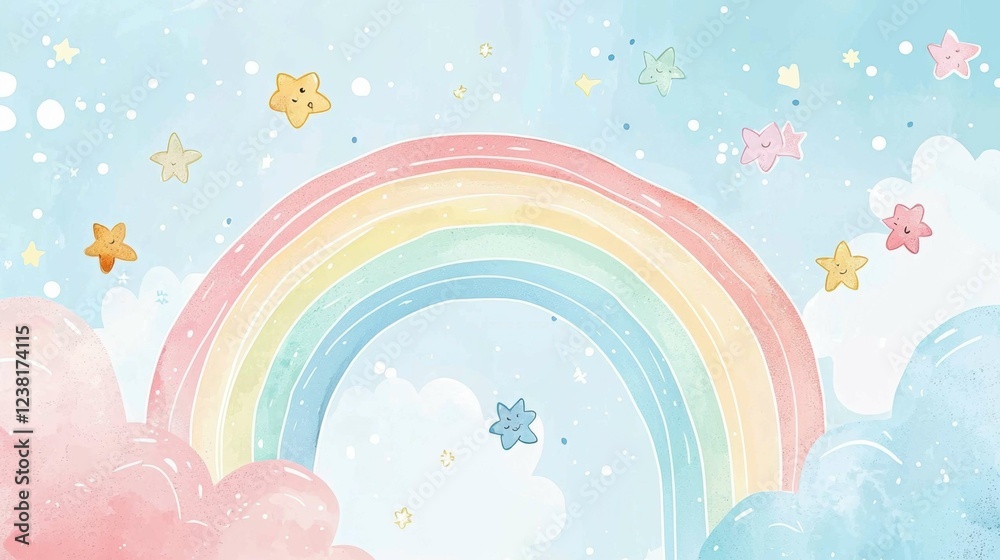 Colorful Rainbow and Starry Sky with Pastel Clouds and Background Colorful Rainbow and Starry Sky with Pastel Clouds and Background