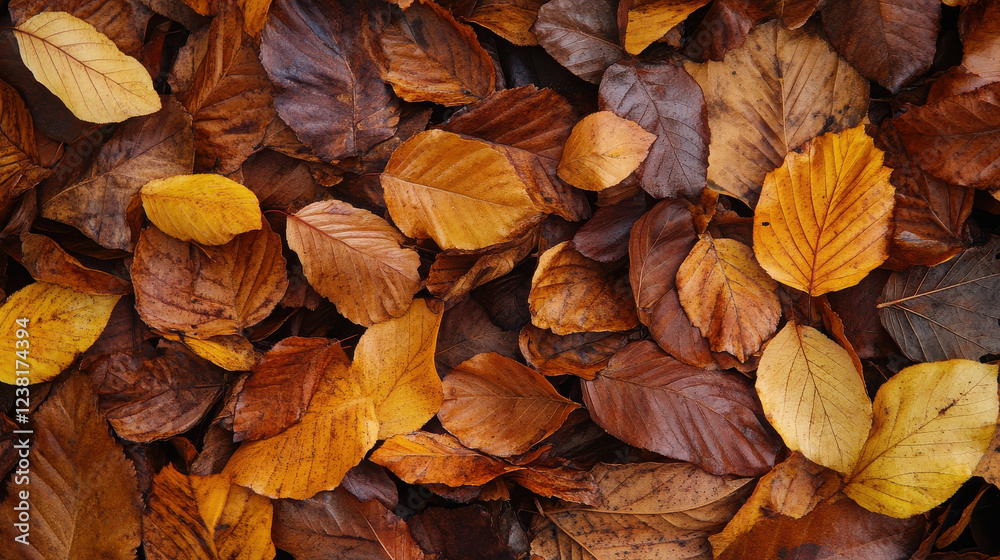 A close-up of assorted autumn leaves in various shades of brown and yellow on the ground. A close-up of assorted autumn leaves in various shades of brown and yellow on the ground.