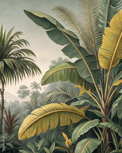 Lush Tropical Foliage with Large Banana Leaves and Palm Fronds – Detailed Botanical Illustration
