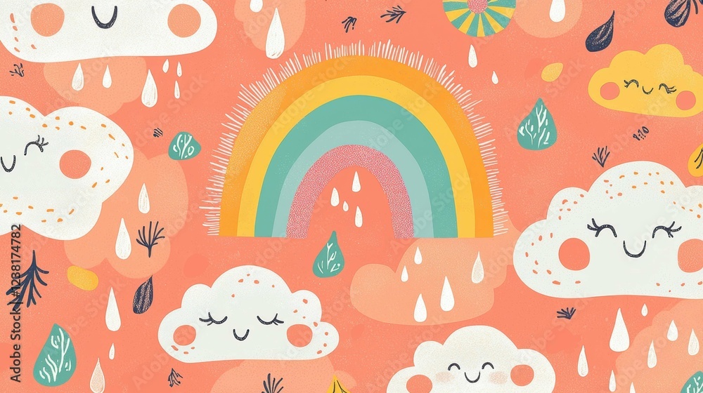 Colorful Rainbow with Cute Clouds and Raindrops in Playful Design Colorful Rainbow with Cute Clouds and Raindrops in Playful Design