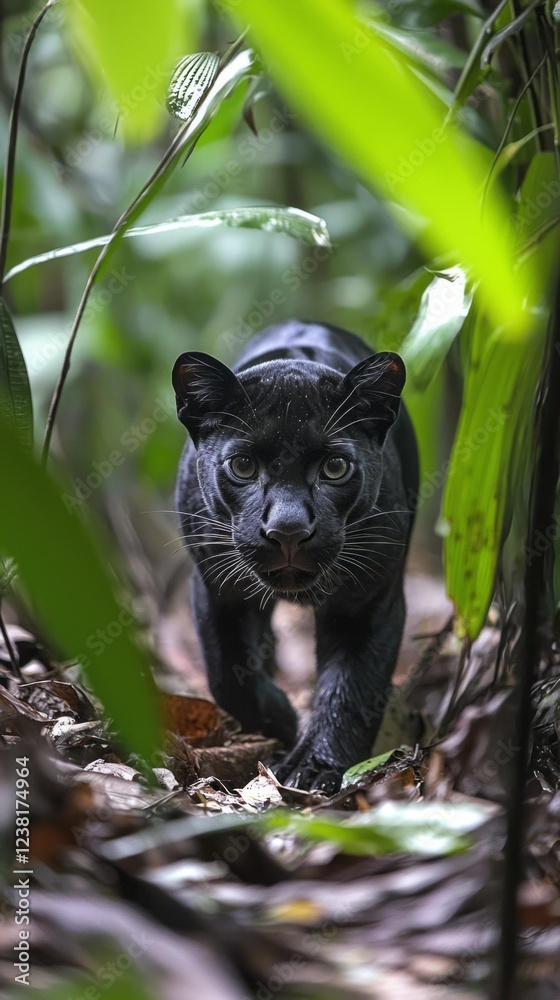 Obraz premium Under the soft light of dusk, a sleek black panther stealthily moves through dense rainforest vegetation