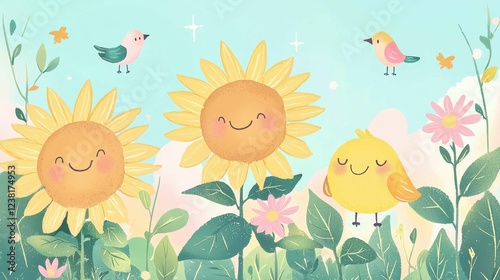 Cheerful Sunflowers and Birds in a Whimsical Garden Illustration
