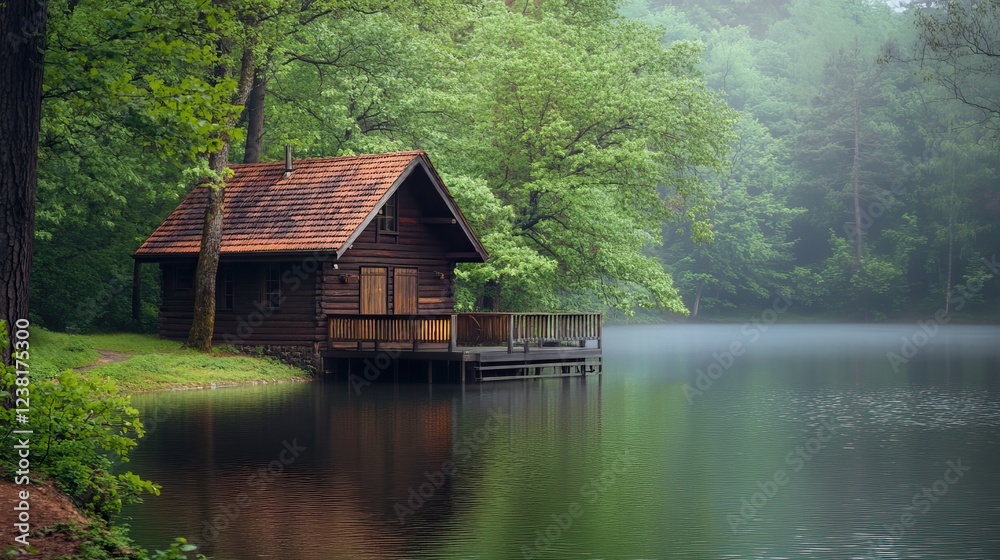 Log Cabin Nestled by a Peaceful Forest Lake. AI generated image Log Cabin Nestled by a Peaceful Forest Lake. AI generated image