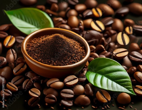 una mezcla de granos de cafe tostados con hojas de té e infusión