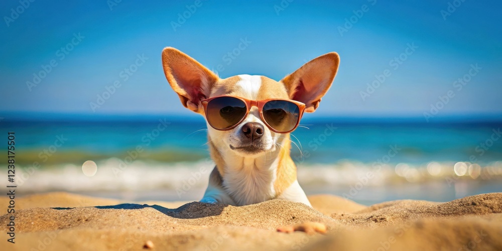 Funny Chihuahua Dog in Sunglasses on Beach , sunglasses dog, tiny dog, sunglasses dog, tiny dog, funny animal, cute, pet Funny Chihuahua Dog in Sunglasses on Beach , sunglasses dog, tiny dog, sunglasses dog, tiny dog, funny animal, cute, pet