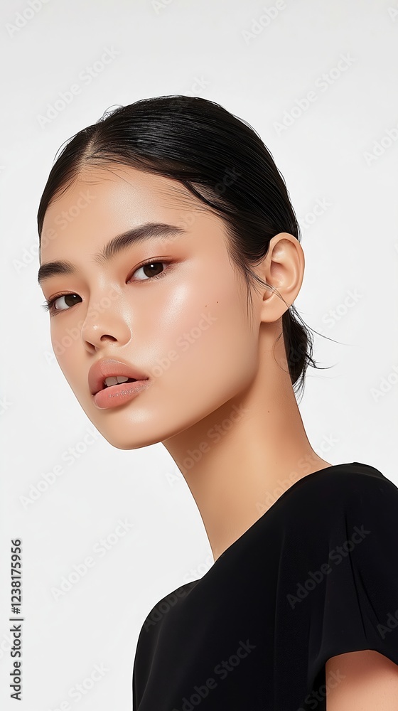 Portrait of a beautiful young woman with natural makeup and dark hair in a studio setting Portrait of a beautiful young woman with natural makeup and dark hair in a studio setting
